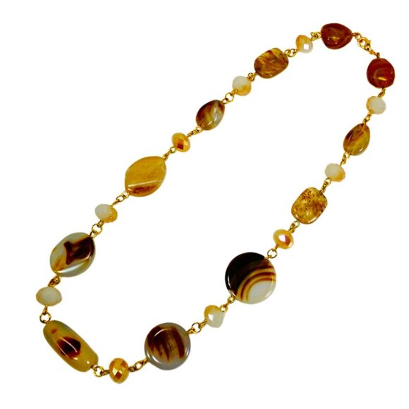 A mix of beige, brown, and off white bead necklace with glass and stone - Picture 8 of 13